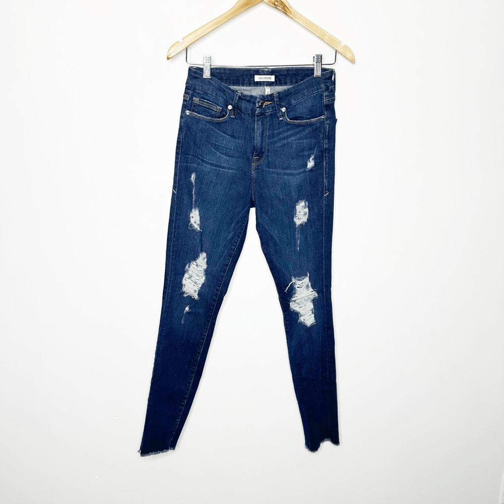 GOOD AMERICAN Good Legs High Rise Distressed Skinny Jeans blue GAGLRE899 2 26 - Picture 2 of 9